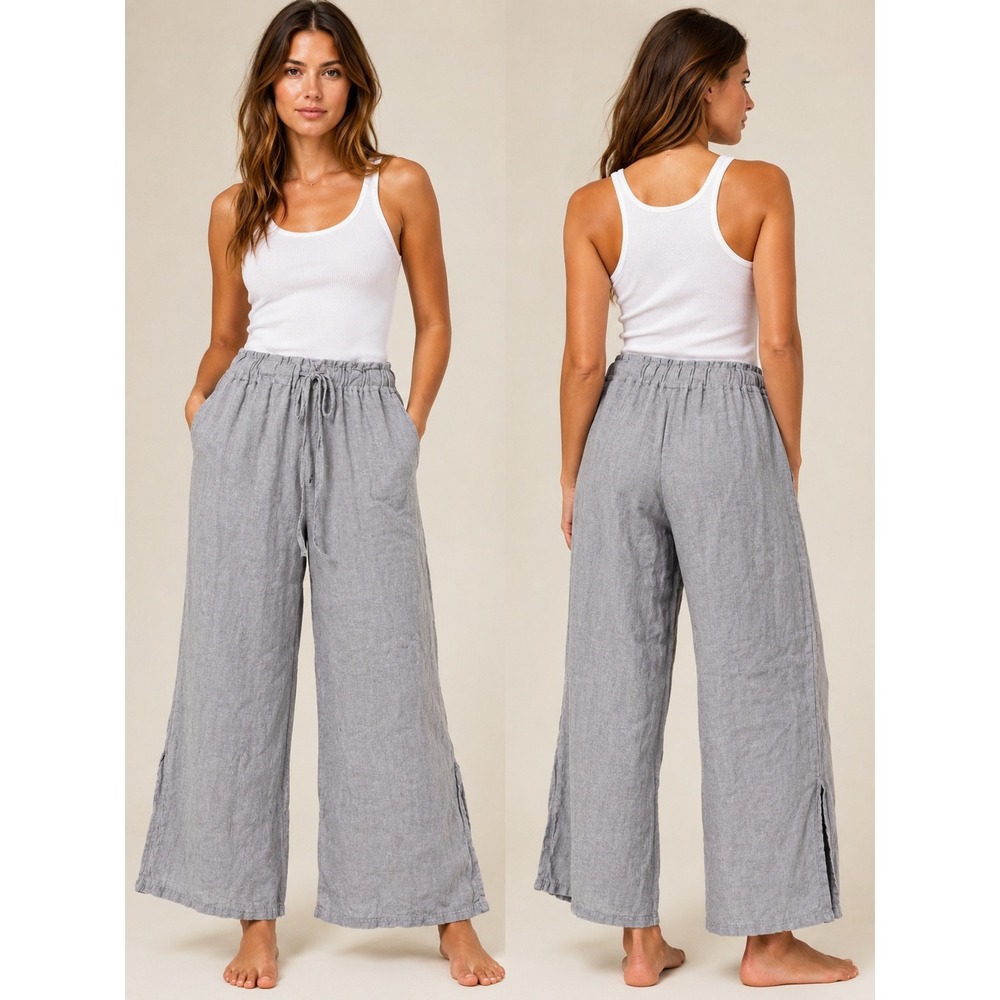 Meo Meli Pants Womens One Size Gray Linen Wide Leg Slit Hem Lagenlook